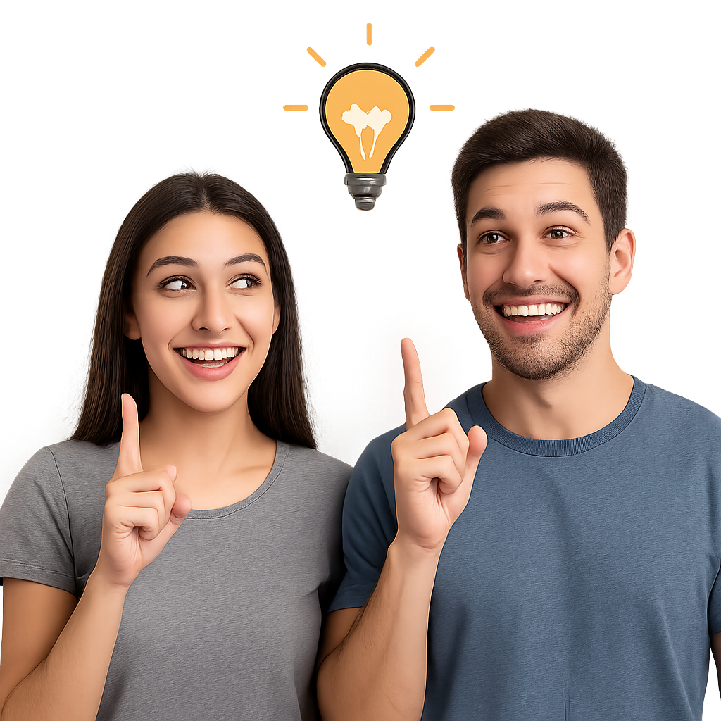 Pareja joven con rasgos españoles señalando una bombilla sobre fondo blanco, representando una idea de emprendimiento.