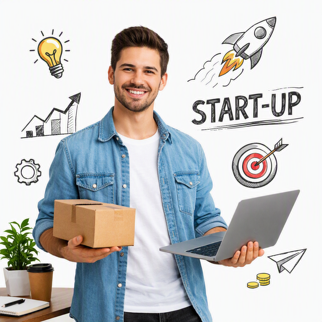 Emprendedor joven con portátil y caja de cartón sobre fondo blanco, símbolo de inicio de negocio y creación de empresa.
